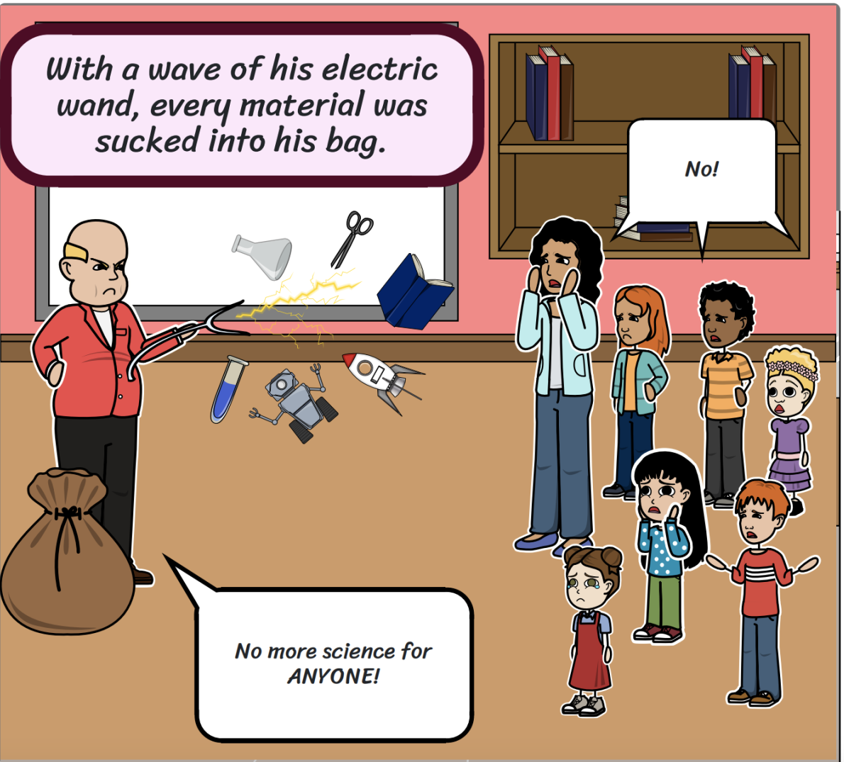 Professor Snatch steals from the kids and teacher